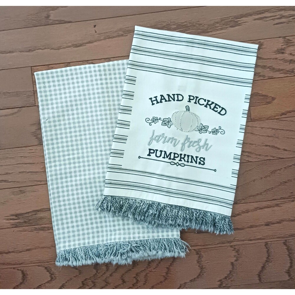 NEW Deborah Connolly S/2 Harvest Pumpkin Cotton Teatowels Ivory/Blk/Gray Fringe
